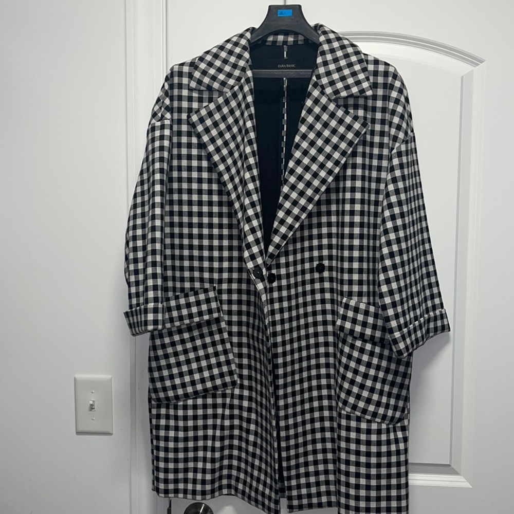 Zara Black and White Gingham Trench Coat